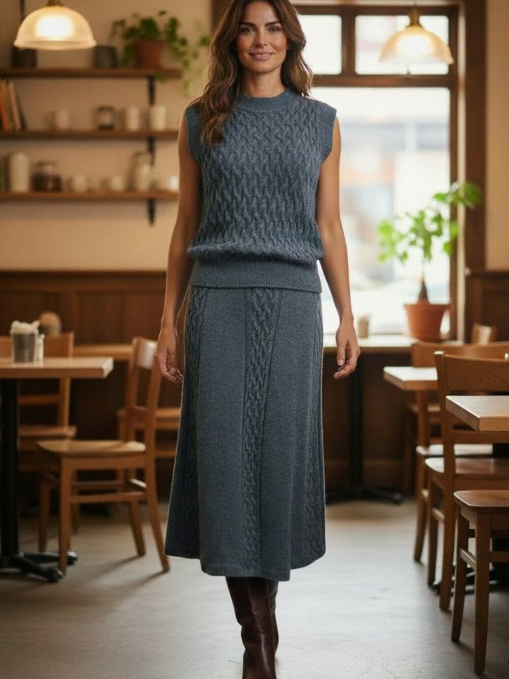 Margaret O'Leary Top and Skirt Set Merino Wool Gray Cable-Knit